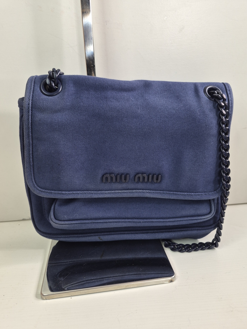 Miu Miu Navy Canvas Chain Shoulder Bag